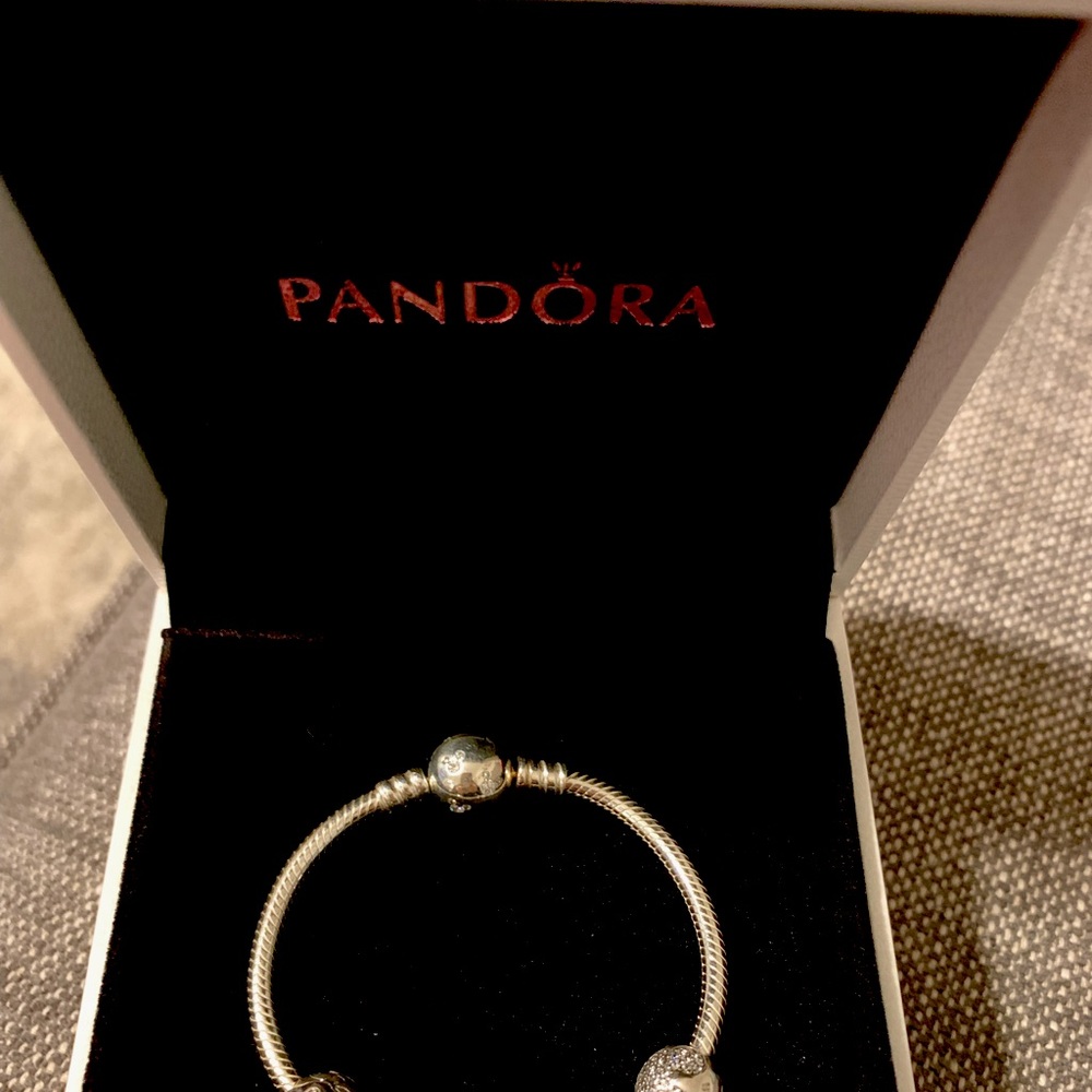 Child’s pandora bracelet with 3 charms. Never worn. Brand new in box